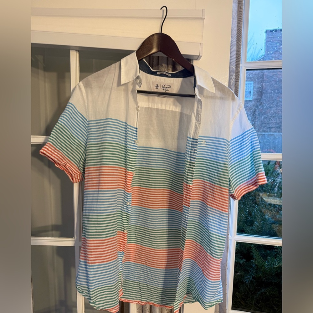 Original Penguin Men's Casual Striped Shirt - White, Green, Coral